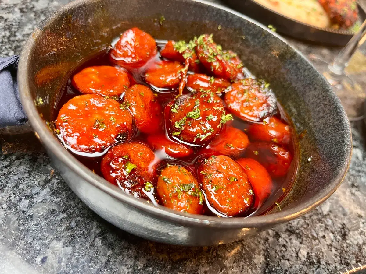Hot honey chorizo at Say When — glossy chorizo slices glazed with hot honey
