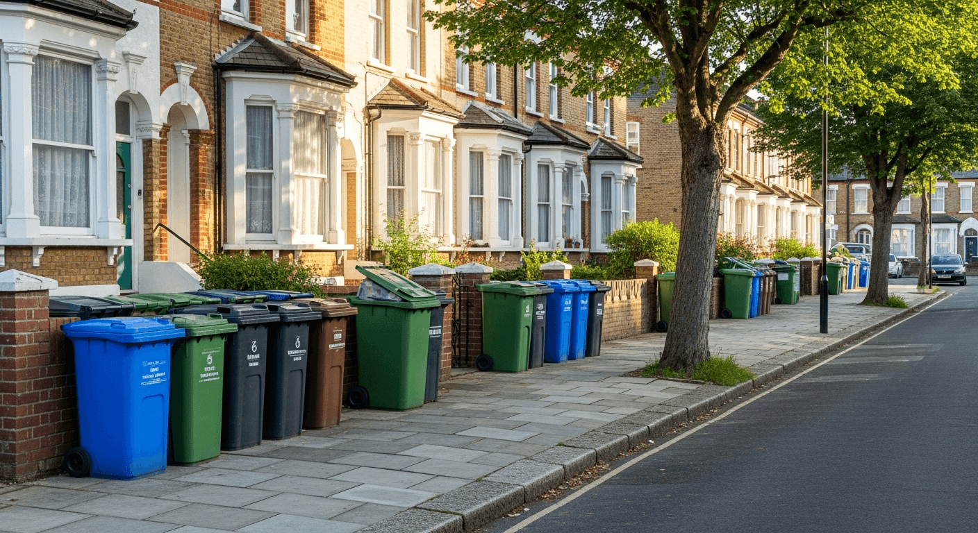 Residential street with recycling bins on collection day