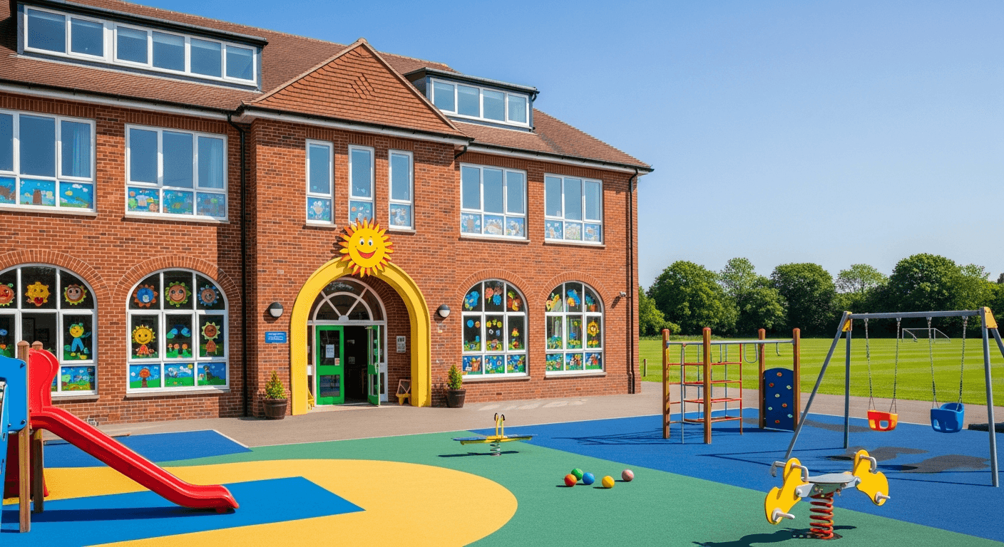 Cheerful primary school with colourful playground