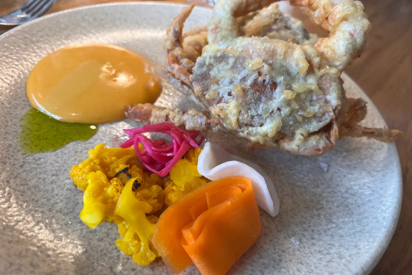 Tempura soft-shell crab with pickled vegetables and a spiced dip at Osters by Lovage in Gosforth